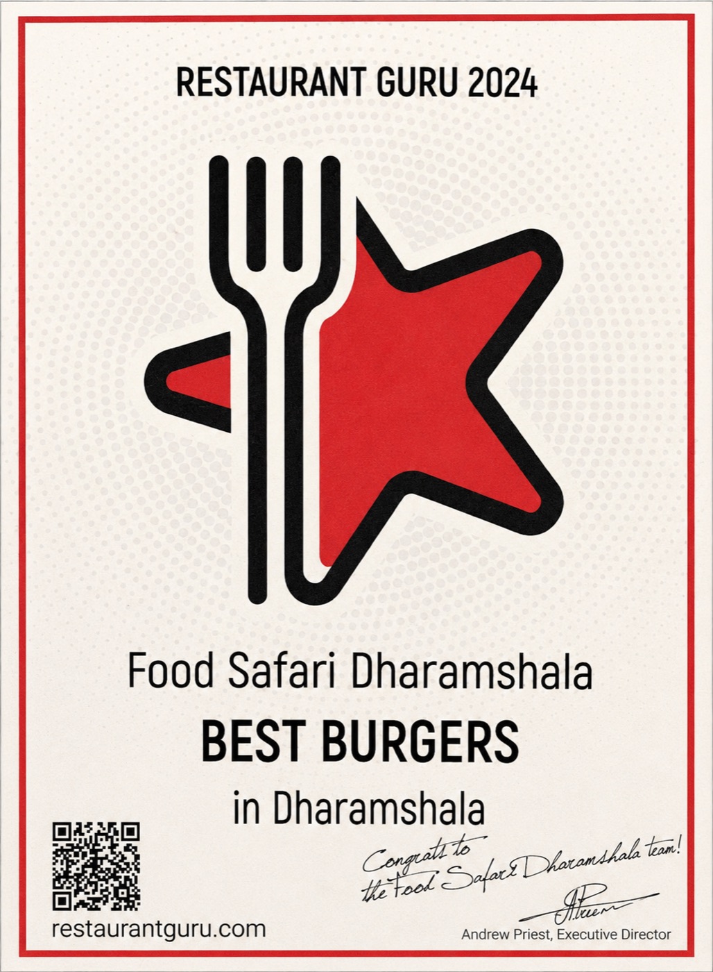 Restaurant Guru 2024 award for Best Burgers in Dharamshala