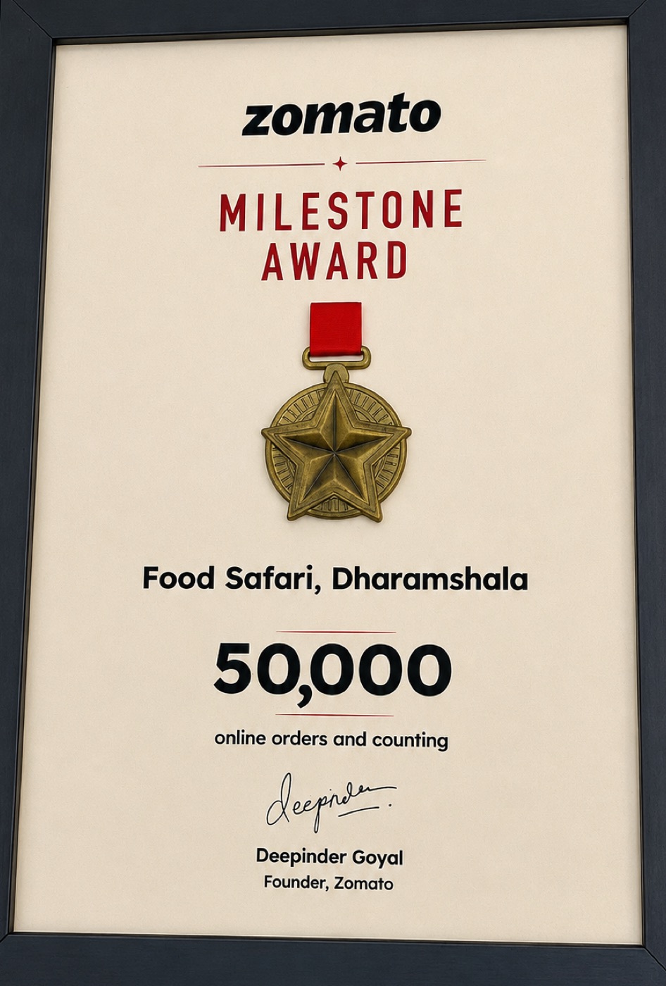 Zomato milestone award for 50,000 online orders